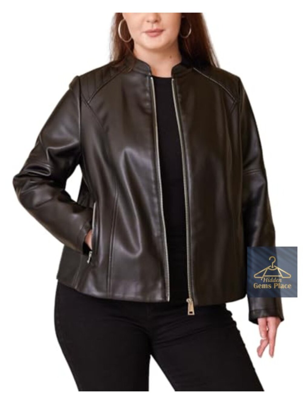 Plus Size Faux Leather Moto Jacket Quilted Shoulders Windproof Zip